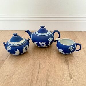 Antique Wedgwood Cobalt Blue Jasperware Tea Set, Teapot Pot, Creamer, Sugar Bowl